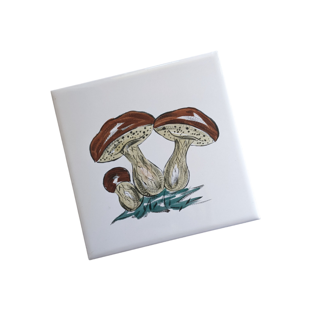 Vintage Hand Painted Porcini Mushroom Tile Trivet by Mettlach, Made in Germany